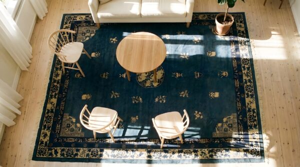 Antique chinese - peking room size blue rug 2 Antique chinese - peking room size blue rug (sku 25027) - styled overhead view