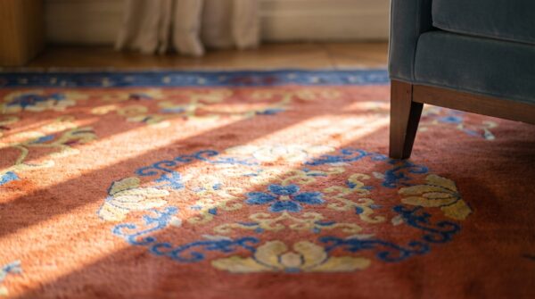 Antique chinese - peking room size wool coral rug 11 Antique chinese - peking room size wool coral rug (sku 24886) - in-room detail
