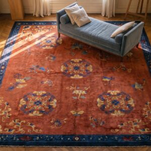 Antique Chinese - Peking Room Size Wool Coral Rug (SKU 24886) - styled overhead view
