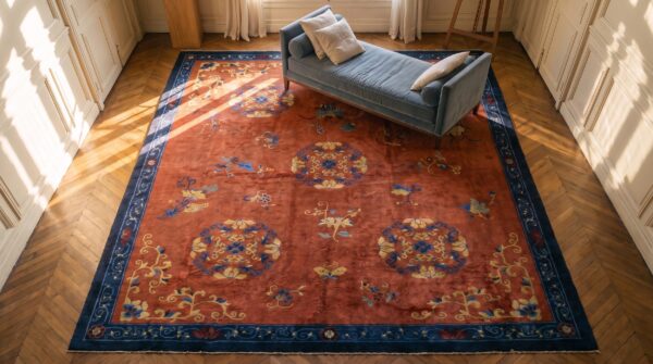 Antique chinese - peking room size wool coral rug 2 Antique chinese - peking room size wool coral rug (sku 24886) - styled overhead view