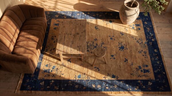 Antique chinese - peking room size wool gray rug (sku 22598) - styled overhead view