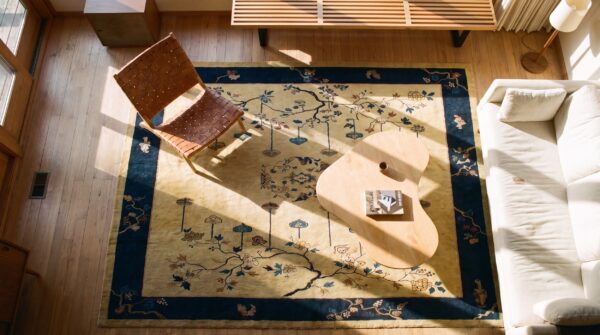 Antique chinese - peking room size wool ivory rug 2 Antique chinese - peking room size wool ivory rug (sku 24848) - styled overhead view