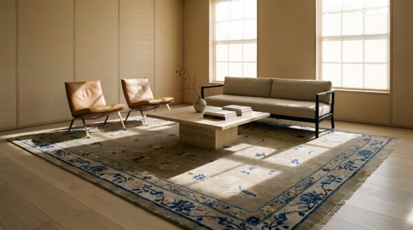 Chinese - peking wool room size rectangle 1920s knotted ivory antique rug 5 Chinese - peking wool room size rectangle 1920s knotted ivory antique rug (sku 25420) - room view