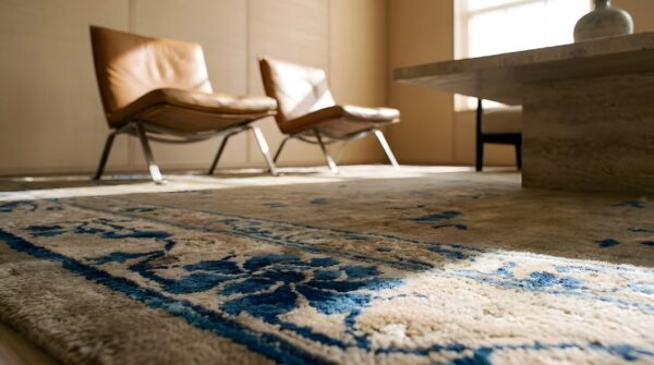 Chinese - peking wool room size rectangle 1920s knotted ivory antique rug 6 Chinese - peking wool room size rectangle 1920s knotted ivory antique rug (sku 25420) - in-room detail