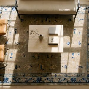 Chinese - Peking Wool Room Size Rectangle 1920s Knotted Ivory Antique Rug (SKU 25420) - styled overhead view