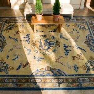 Antique Chinese - Peking Room Size Wool Yellow Rug (SKU 25020) - styled overhead view
