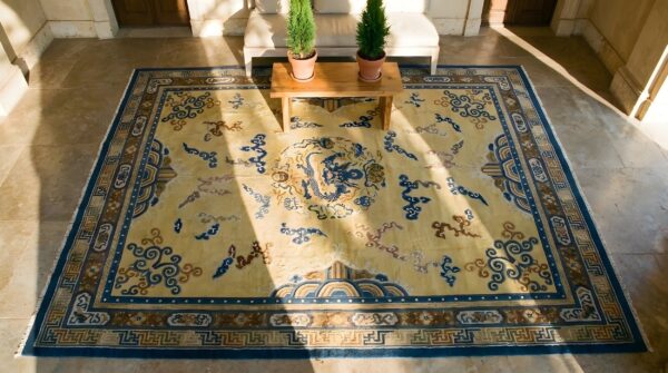 Antique chinese - peking room size wool yellow rug 2 Antique chinese - peking room size wool yellow rug (sku 25020) - styled overhead view