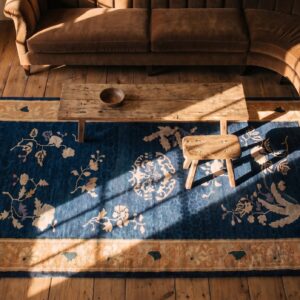 Antique Chinese Peking Small Scatter Size Wool Blue Rug (SKU 24846) - styled overhead view