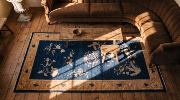 Antique chinese peking small scatter size wool blue rug 2 Antique chinese peking small scatter size wool blue rug (sku 24846) - styled overhead view