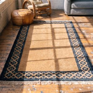 Antique Chinese - Peking Small Scatter Size Wool Brown Rug (SKU 21176) - styled overhead view