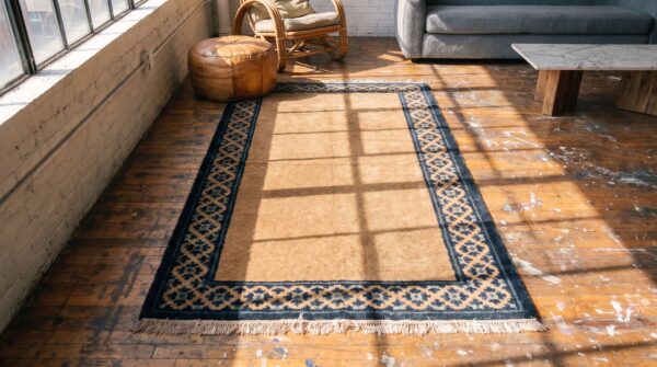 Antique chinese - peking small scatter size wool brown rug (sku 21176) - styled overhead view