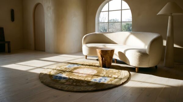 Antique chinese peking small scatter size wool pile brown camel round rug 9 Antique chinese peking small scatter size wool pile brown camel round rug (sku 24725) - room view