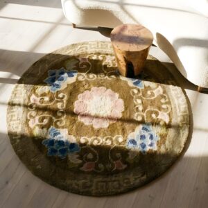 Antique Chinese Peking Small Scatter Size Wool Pile Brown Camel Round Rug (SKU 24725) - styled overhead view