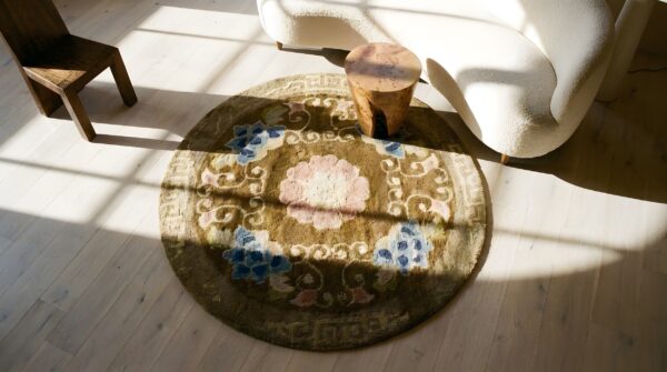 Antique chinese peking small scatter size wool pile brown camel round rug 2 Antique chinese peking small scatter size wool pile brown camel round rug (sku 24725) - styled overhead view