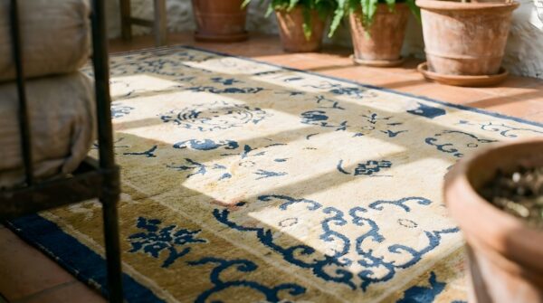 Antique chinese peking small scatter size wool ivory rug 9 Antique chinese peking small scatter size wool ivory rug (sku 24859) - in-room detail