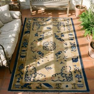 Antique Chinese Peking Small Scatter Size Wool Ivory Rug (SKU 24859) - styled overhead view