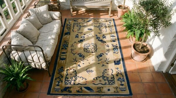 Antique chinese peking small scatter size wool ivory rug 2 Antique chinese peking small scatter size wool ivory rug (sku 24859) - styled overhead view