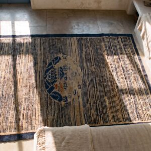 Antique Chinese Peking Small Scatter Size Wool Multicolor Rug (SKU 24876) - styled overhead view