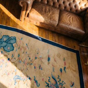 Antique Chinese Peking Small Scatter Size Wool Yellow Rug (SKU 22671) - styled overhead view