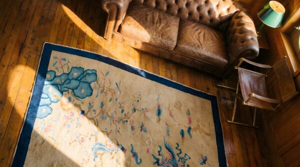 Antique chinese peking small scatter size wool yellow rug 2 Antique chinese peking small scatter size wool yellow rug (sku 22671) - styled overhead view