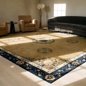 Antique Chinese Peking Square Room Size Wool Blue Navy Camel Rug (SKU 25143) - room view