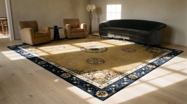 Antique chinese peking square room size wool blue navy camel rug 9 Antique chinese peking square room size wool blue navy camel rug (sku 25143) - room view