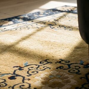 Antique Chinese Peking Square Room Size Wool Blue Navy Camel Rug (SKU 25143) - in-room detail