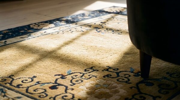 Antique chinese peking square room size wool blue navy camel rug 10 Antique chinese peking square room size wool blue navy camel rug (sku 25143) - in-room detail