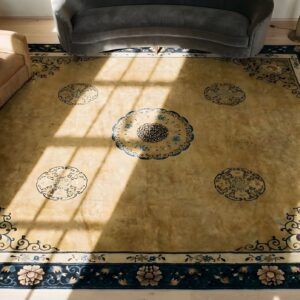 Antique Chinese Peking Square Room Size Wool Blue Navy Camel Rug (SKU 25143) - styled overhead view