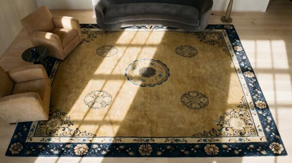 Antique chinese peking square room size wool blue navy camel rug 2 Antique chinese peking square room size wool blue navy camel rug (sku 25143) - styled overhead view