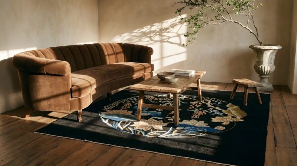 Antique chinese peking square small scatter size wool black rug 10 Antique chinese peking square small scatter size wool black rug (sku 19475) - room view