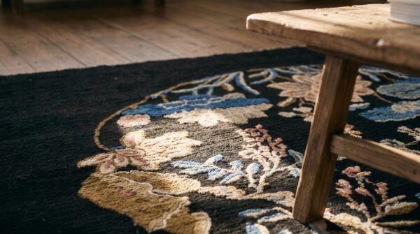 Antique chinese peking square small scatter size wool black rug 11 Antique chinese peking square small scatter size wool black rug (sku 19475) - in-room detail