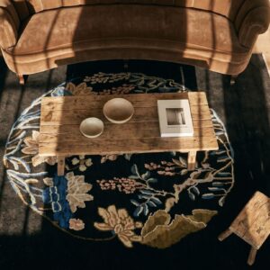 Antique Chinese Peking Square Small Scatter Size Wool Black Rug (SKU 19475) - styled overhead view