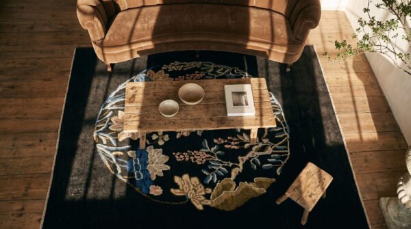 Antique chinese peking square small scatter size wool black rug 2 Antique chinese peking square small scatter size wool black rug (sku 19475) - styled overhead view