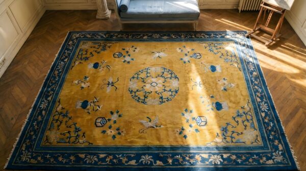 Antique chinese - peking chinese yellow 1890s rug 2 Antique chinese - peking chinese yellow 1890s rug (sku 22786) - styled overhead view