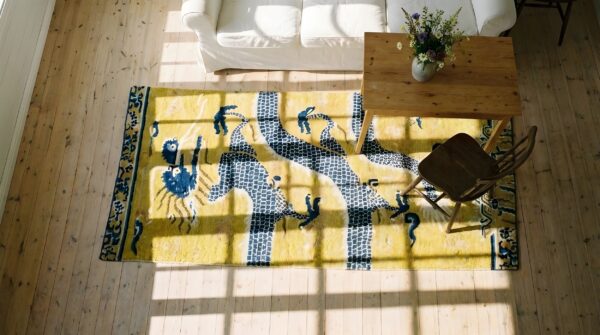 Antique chinese pillar carpet yellow hallway runner rug 2 Antique chinese pillar carpet yellow hallway runner rug (sku 25194) - styled overhead view