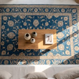 Chinese Rectangle 1900s Blue Knotted - Peking Antique Wool Room Size Rug (SKU 25301) - styled overhead view
