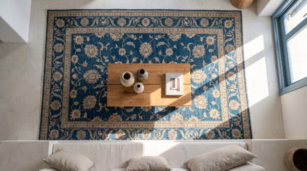 Chinese rectangle 1900s blue knotted - peking antique wool room size rug (sku 25301) - styled overhead view