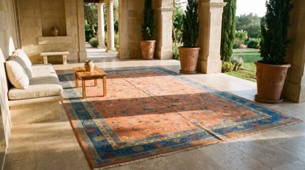 Chinese wool rectangle knotted 1920s room size - art deco antique coral rug (sku 25718) - room view
