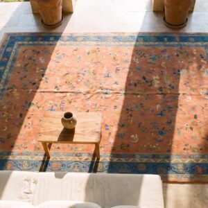 Chinese Wool Rectangle Knotted 1920s Room Size - Art Deco Antique Coral Rug (SKU 25718) - styled overhead view