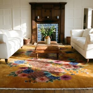Chinese Knotted Rectangle - Art Deco Yellow Wool 1930s Antique Room Size Rug (SKU 25794) - room view