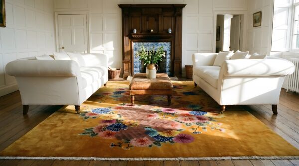 Chinese knotted rectangle - art deco yellow wool 1930s antique room size rug (sku 25794) - room view