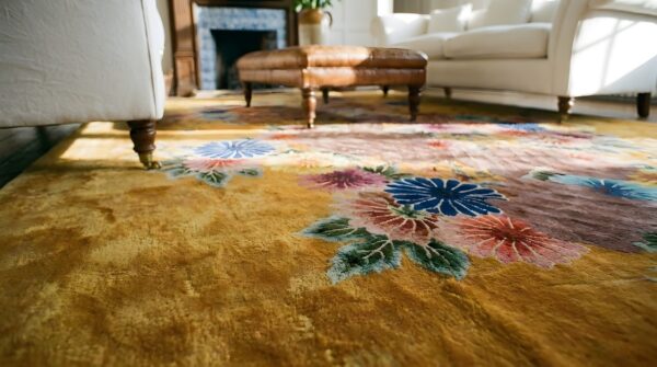 Chinese knotted rectangle - art deco yellow wool 1930s antique room size rug (sku 25794) - in-room detail