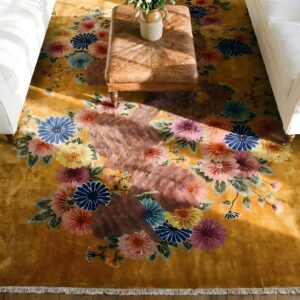 Chinese Knotted Rectangle - Art Deco Yellow Wool 1930s Antique Room Size Rug (SKU 25794) - styled overhead view