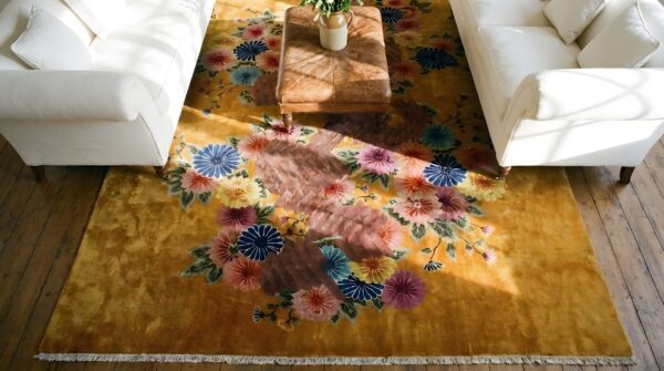 Chinese knotted rectangle - art deco yellow wool 1930s antique room size rug (sku 25794) - styled overhead view