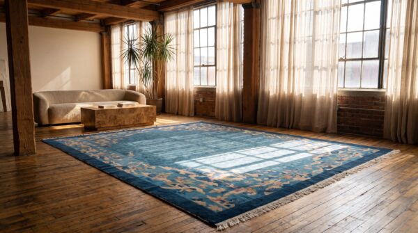 Antique chinese rectangle blue peking 1900s wool knotted room size rug 5 Antique chinese rectangle blue peking 1900s wool knotted room size rug (sku 22540) - room view