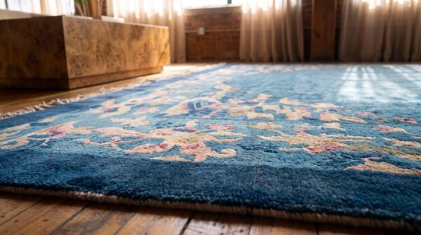 Antique chinese rectangle blue peking 1900s wool knotted room size rug 6 Antique chinese rectangle blue peking 1900s wool knotted room size rug (sku 22540) - in-room detail