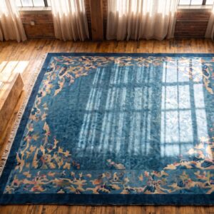 Antique Chinese Rectangle Blue Peking 1900s Wool Knotted Room Size Rug (SKU 22540) - styled overhead view