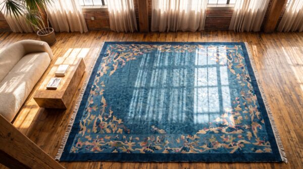 Antique chinese rectangle blue peking 1900s wool knotted room size rug 2 Antique chinese rectangle blue peking 1900s wool knotted room size rug (sku 22540) - styled overhead view