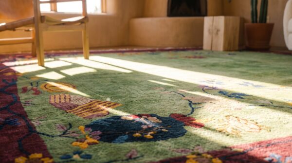 Chinese rectangle wool knotted green - art deco antique room size 1920s rug 9 Chinese rectangle wool knotted green - art deco antique room size 1920s rug (sku 25722) - in-room detail